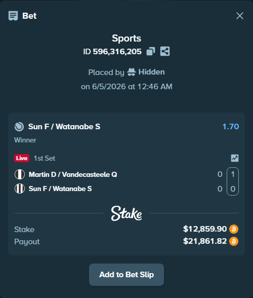 Bet slip: Martin D / Vandecasteele Q - Sun F / Watanabe S, $12,872.43 stake at 1.70 odds, placed by Hidden