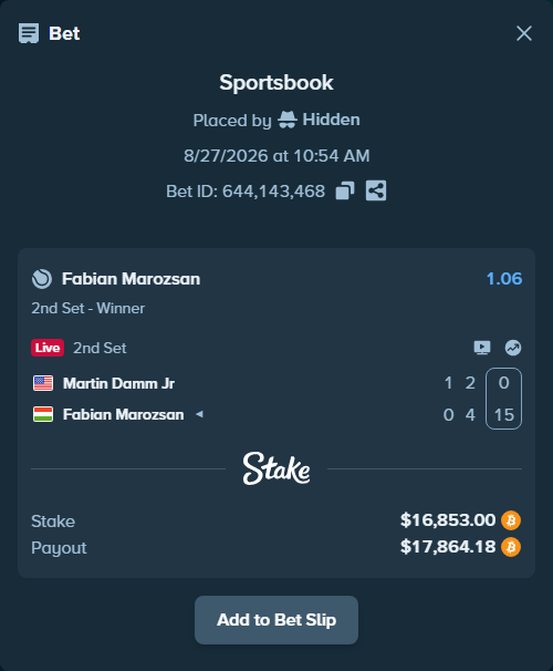 Bet slip: Martin Damm Jr - Fabian Marozsan, $16,854.25 stake at 1.06 odds, placed by Hidden