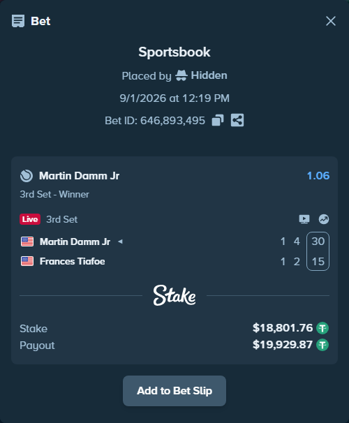 Bet slip: Martin Damm Jr - Frances Tiafoe, $18,801.76 stake at 1.06 odds, placed by Hidden