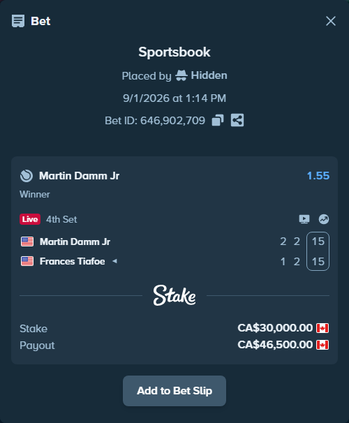 Bet slip: Martin Damm Jr - Frances Tiafoe, $22,200.00 stake at 1.55 odds, placed by Hidden
