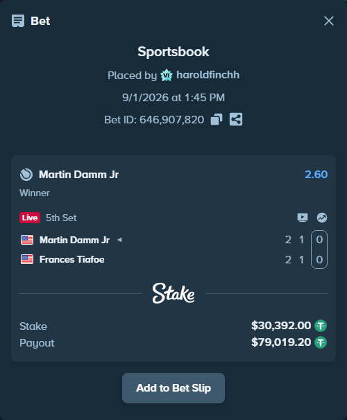 Bet slip: Martin Damm Jr - Frances Tiafoe, $30,392.00 stake at 2.60 odds, placed by haroldfinchh