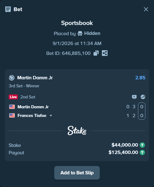 Bet slip: Martin Damm Jr - Frances Tiafoe, $44,000.00 stake at 2.85 odds, placed by Hidden