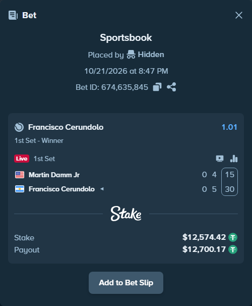 Bet slip: Martin Damm Jr - Francisco Cerundolo, $12,587.00 stake at 1.01 odds, placed by Hidden