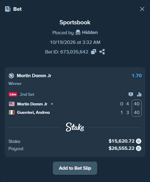 Bet slip: Martin Damm Jr - Guerrieri, Andrea, $15,658.30 stake at 1.70 odds, placed by Prettylfacko98