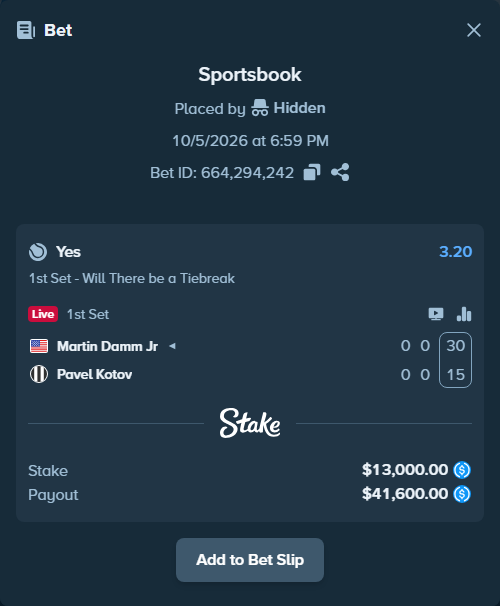 Bet slip: Martin Damm Jr - Pavel Kotov, $13,000.00 stake at 3.20 odds, placed by Hidden