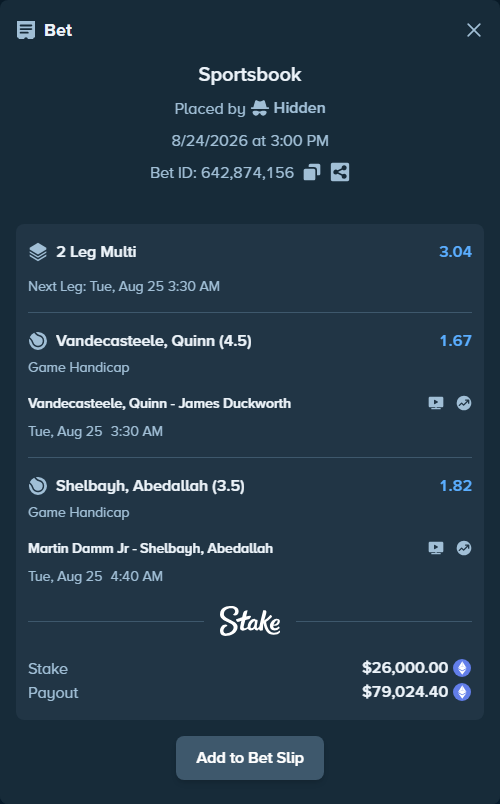 Bet slip: Martin Damm Jr - Shelbayh, Abdullah, $26,218.17 stake at 1.82 odds, placed by Hidden