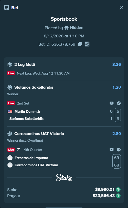 Bet slip: Martin Damm Jr - Stefanos Sakellaridis, $10,000.00 stake at 1.20 odds, placed by Hidden