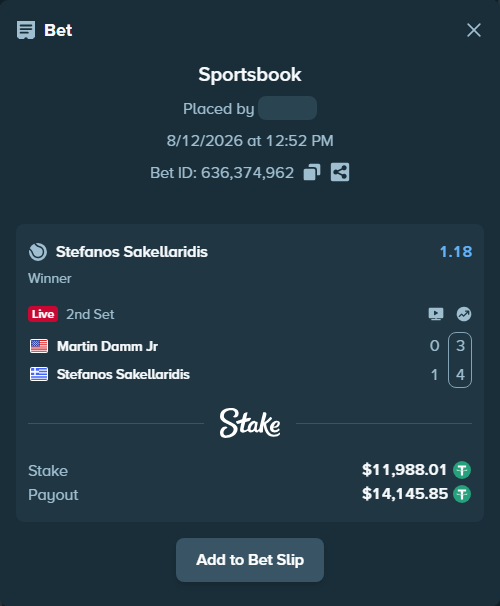 Bet slip: Martin Damm Jr - Stefanos Sakellaridis, $12,000.00 stake at 1.18 odds, placed by Xaddd