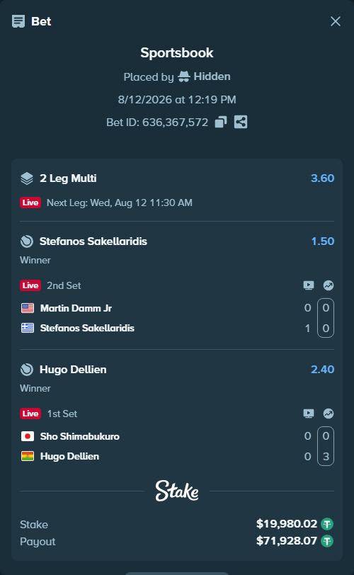 Bet slip: Martin Damm Jr - Stefanos Sakellaridis, $20,000.00 stake at 1.50 odds, placed by Hidden