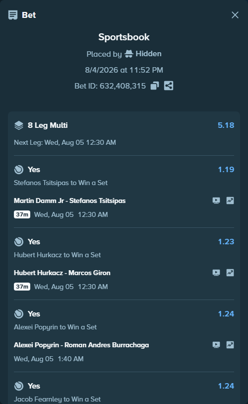 Bet slip: Martin Damm Jr - Stefanos Tsitsipas, $10,000.00 stake at 1.19 odds, placed by Hidden