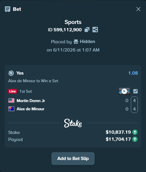 Bet slip: Martin Damn Jr - Alex de Minaur, $10,848.03 stake at 1.08 odds, placed by Hidden