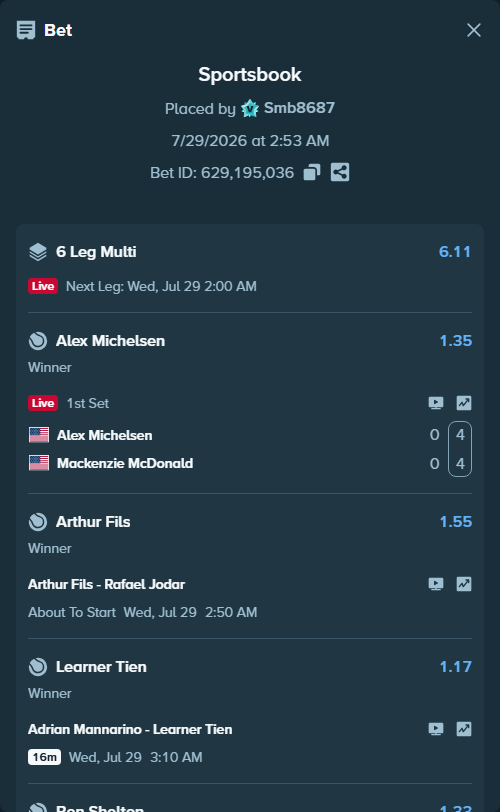 Bet slip: Martin Damn Jr - Ben Shelton, $10,010.00 stake at 1.33 odds, placed by Smb8687