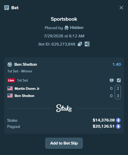 Bet slip: Martin Damn Jr - Ben Shelton, $14,268.68 stake at 1.40 odds, placed by Hidden