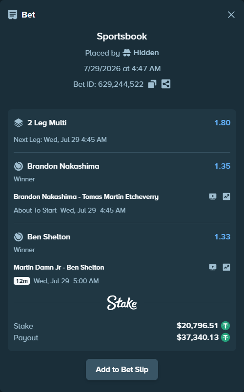 Bet slip: Martin Damn Jr - Ben Shelton, $20,817.30 stake at 1.33 odds, placed by Hidden