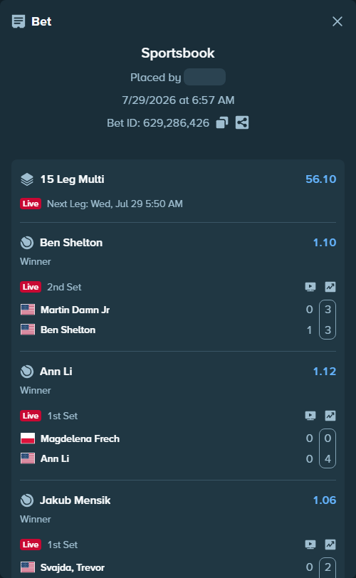 Bet slip: Martin Damn Jr - Ben Shelton, $34,062.87 stake at 1.10 odds, placed by Prettylfacko98