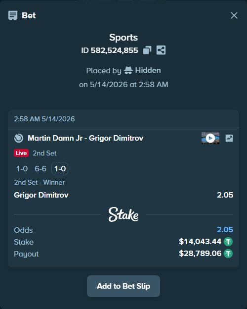 Bet slip: Martin Damn Jr - Grigor Dimitrov, $14,057.49 stake at 2.05 odds, placed by Hidden
