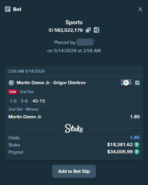 Bet slip: Martin Damn Jr - Grigor Dimitrov, $18,400.00 stake at 1.85 odds, placed by piropiro12