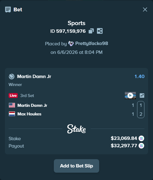 Bet slip: Martin Damn Jr - Max Houkes, $27,334.01 stake at 1.40 odds, placed by Prettylfacko98