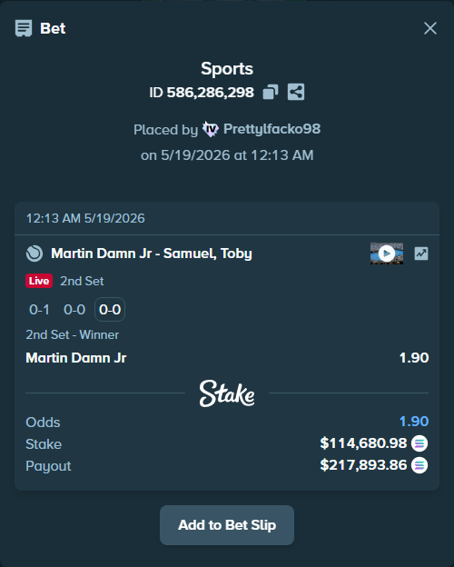 Bet slip: Martin Damn Jr - Samuel, Toby, $99,619.42 stake at 1.90 odds, placed by Prettylfacko98