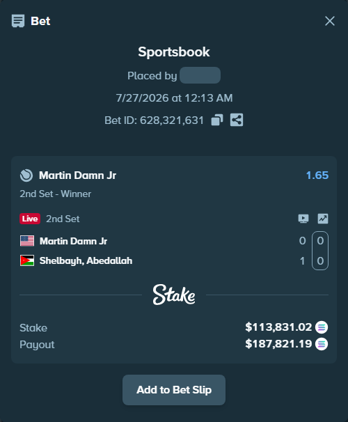 Bet slip: Martin Damn Jr - Shelbayh, Abdullah, $110,432.54 stake at 1.65 odds, placed by Prettylfacko98