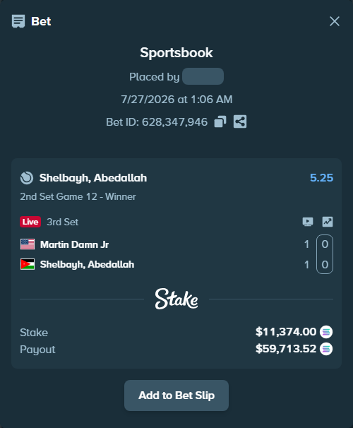 Bet slip: Martin Damn Jr - Shelbayh, Abdullah, $10,993.10 stake at 5.25 odds, placed by Prettylfacko98