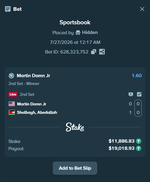 Bet slip: Martin Damn Jr - Shelbayh, Abdullah, $11,886.83 stake at 1.60 odds, placed by Hidden