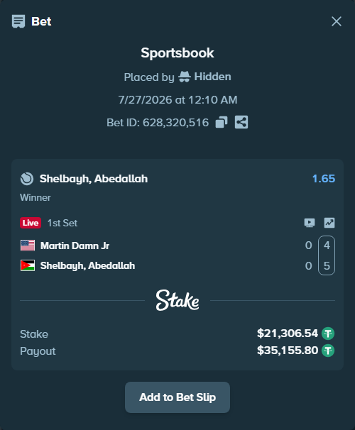 Bet slip: Martin Damn Jr - Shelbayh, Abdullah, $21,306.54 stake at 1.65 odds, placed by Hidden