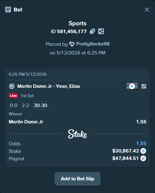 Bet slip: Martin Damn Jr - Ymer, Elias, $23,585.92 stake at 1.55 odds, placed by Prettylfacko98