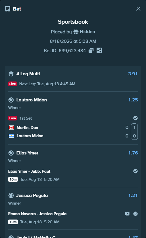 Bet slip: Martin, Dan - Lautaro Midon, $10,000.00 stake at 1.25 odds, placed by Hidden