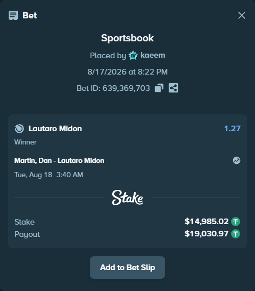 Bet slip: Martin, Dan - Lautaro Midon, $15,000.00 stake at 1.27 odds, placed by kaeem