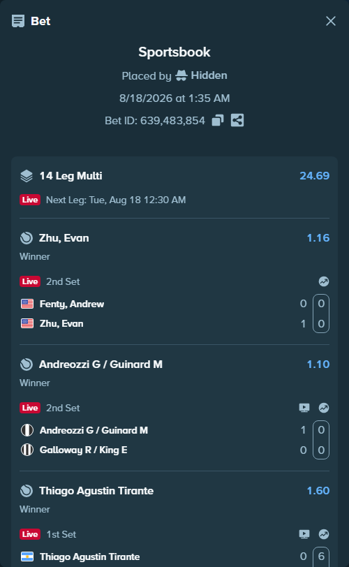 Bet slip: Martin, Dan - Lautaro Midon, $26,590.00 stake at 1.18 odds, placed by Hidden