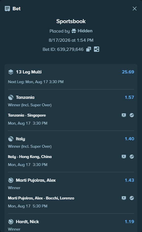Bet slip: Martin, Dan - Lautaro Midon, $39,056.80 stake at 1.26 odds, placed by Hidden