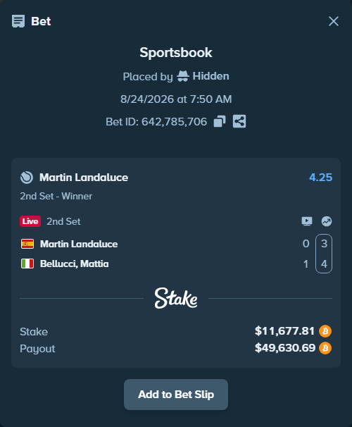 Bet slip: Martin Landaluce - Bellucci, Mattia, $11,685.22 stake at 4.25 odds, placed by Hidden