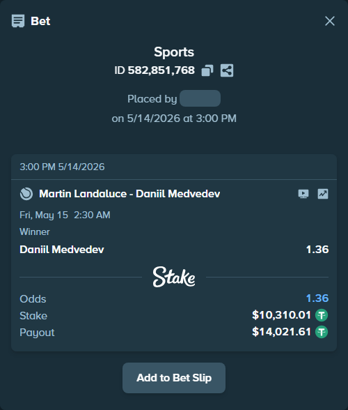 Bet slip: Martin Landaluce - Daniil Medvedev, $10,310.01 stake at 1.36 odds, placed by Danmir67