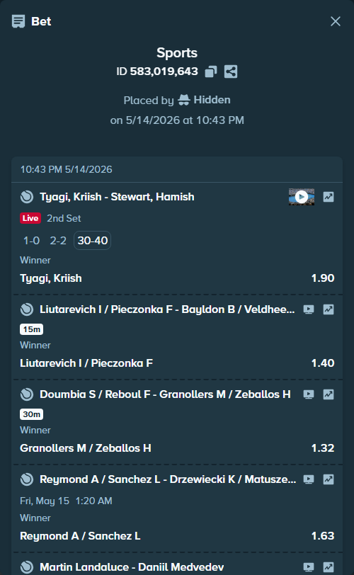 Bet slip: Martin Landaluce - Daniil Medvedev, $20,000.00 stake at 1.94 odds, placed by Hidden