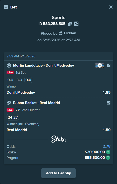 Bet slip: Martin Landaluce - Daniil Medvedev, $20,000.00 stake at 1.85 odds, placed by Hidden