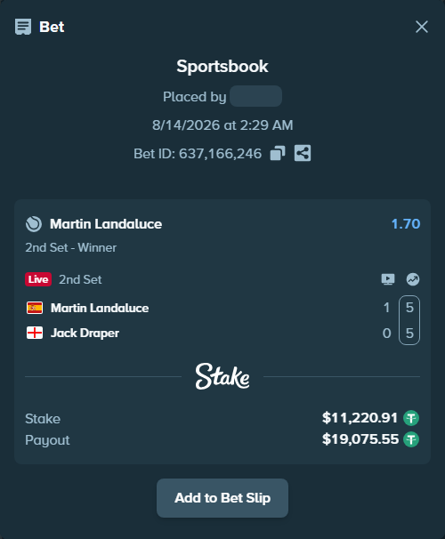 Bet slip: Martin Landaluce - Jack Draper, $11,232.13 stake at 1.70 odds, placed by zz523