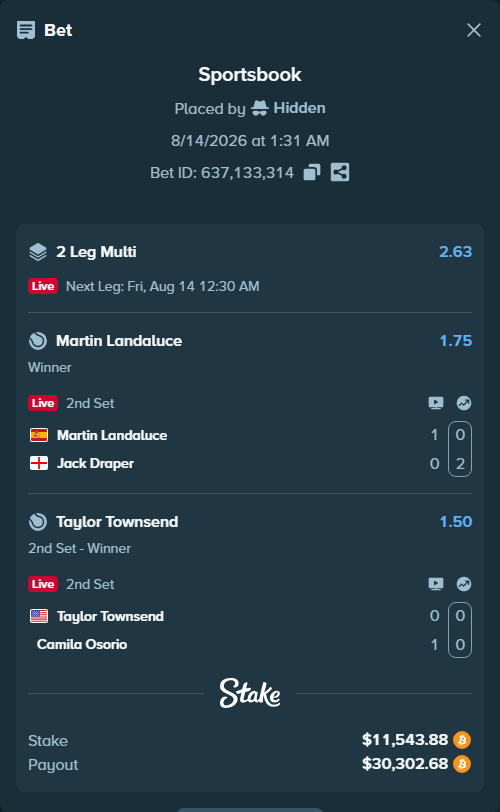 Bet slip: Martin Landaluce - Jack Draper, $11,501.85 stake at 1.75 odds, placed by Hidden