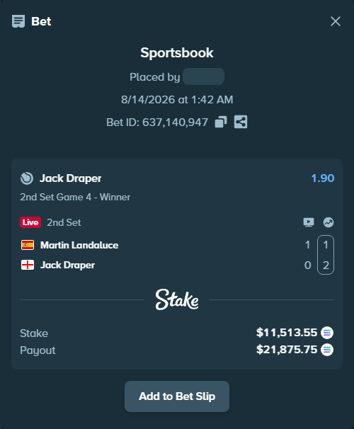 Bet slip: Martin Landaluce - Jack Draper, $11,517.67 stake at 1.90 odds, placed by Prettylfacko98