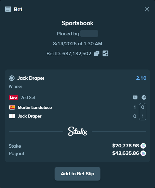 Bet slip: Martin Landaluce - Jack Draper, $20,817.85 stake at 2.10 odds, placed by Mashko21