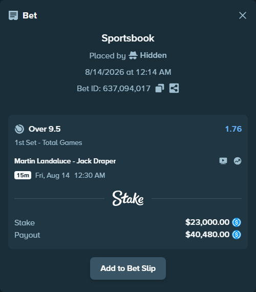 Bet slip: Martin Landaluce - Jack Draper, $23,000.00 stake at 1.76 odds, placed by Hidden