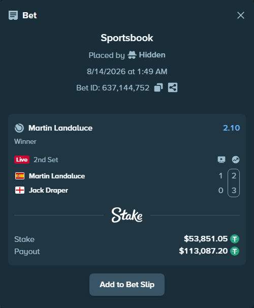 Bet slip: Martin Landaluce - Jack Draper, $53,904.90 stake at 2.10 odds, placed by Hidden