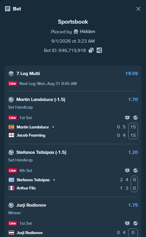 Bet slip: Martin Landaluce - Jacob Fearnley, $16,276.42 stake at 1.70 odds, placed by Hidden