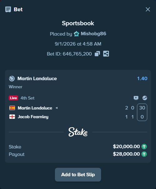 Bet slip: Martin Landaluce - Jacob Fearnley, $20,000.00 stake at 1.40 odds, placed by Mishobg86