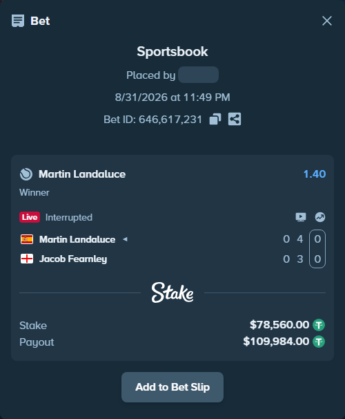 Bet slip: Martin Landaluce - Jacob Fearnley, $78,560.00 stake at 1.40 odds, placed by palakasomani