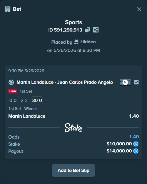 Bet slip: Martin Landaluce - Juan Carlos Prado Angelo, $10,000.00 stake at 1.40 odds, placed by Hidden