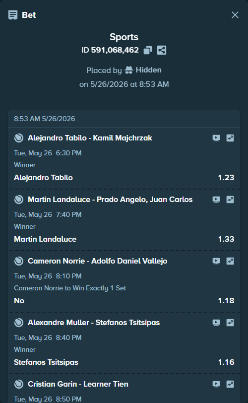 Bet slip: Martin Landaluce - Juan Carlos Prado Angelo, $10,306.41 stake at 1.33 odds, placed by Hidden