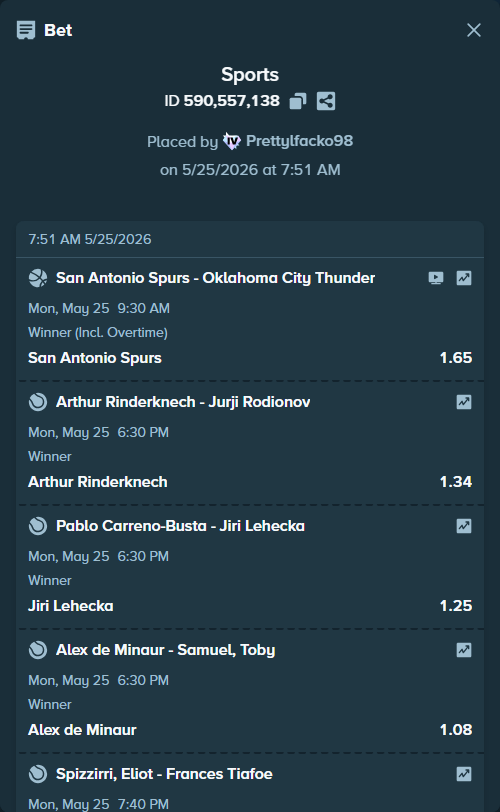 Bet slip: Martin Landaluce - Juan Carlos Prado Angelo, $10,188.48 stake at 1.35 odds, placed by Prettylfacko98