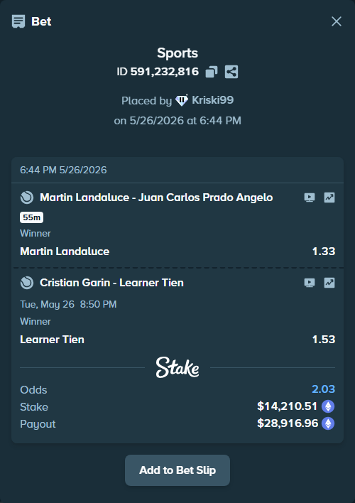 Bet slip: Martin Landaluce - Juan Carlos Prado Angelo, $11,765.79 stake at 1.33 odds, placed by Kriski99