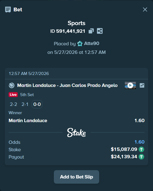 Bet slip: Martin Landaluce - Juan Carlos Prado Angelo, $15,102.18 stake at 1.60 odds, placed by Atte90